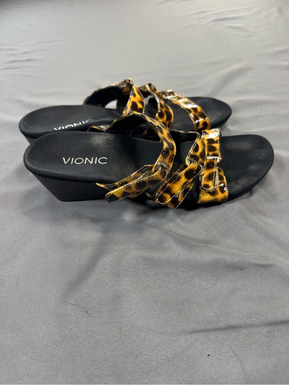 Vionic Leopard-Print Triple Buckle Wedge Slides - Black/Leopard